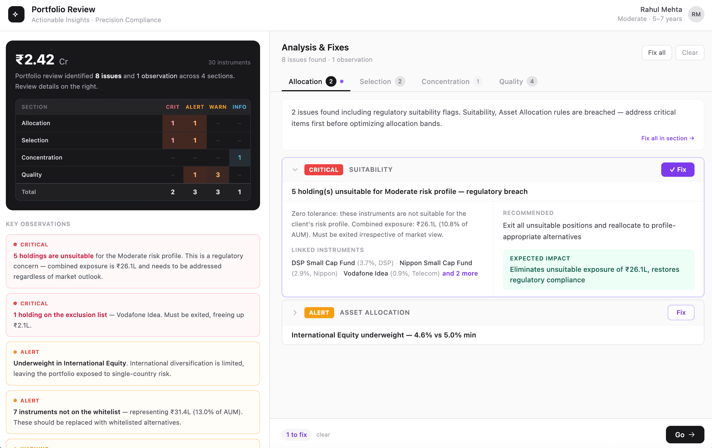 Portfolio Review - AI-powered analysis with compliance flags, suitability checks, and actionable recommendations